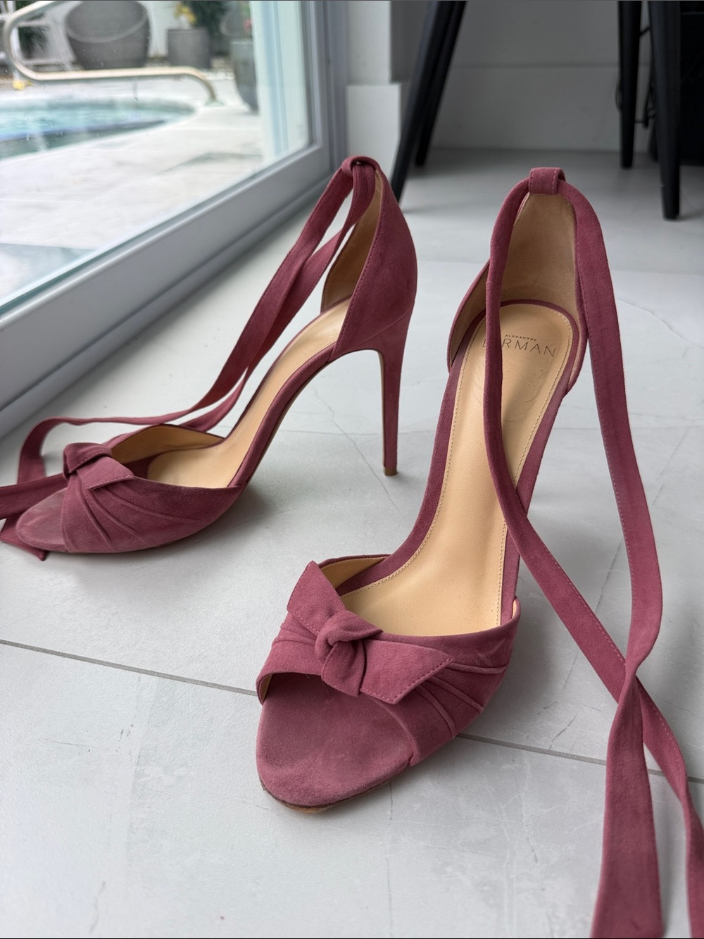 Alexandre Birman High-Heel Ankle Tie Sandals in Dusty Rose